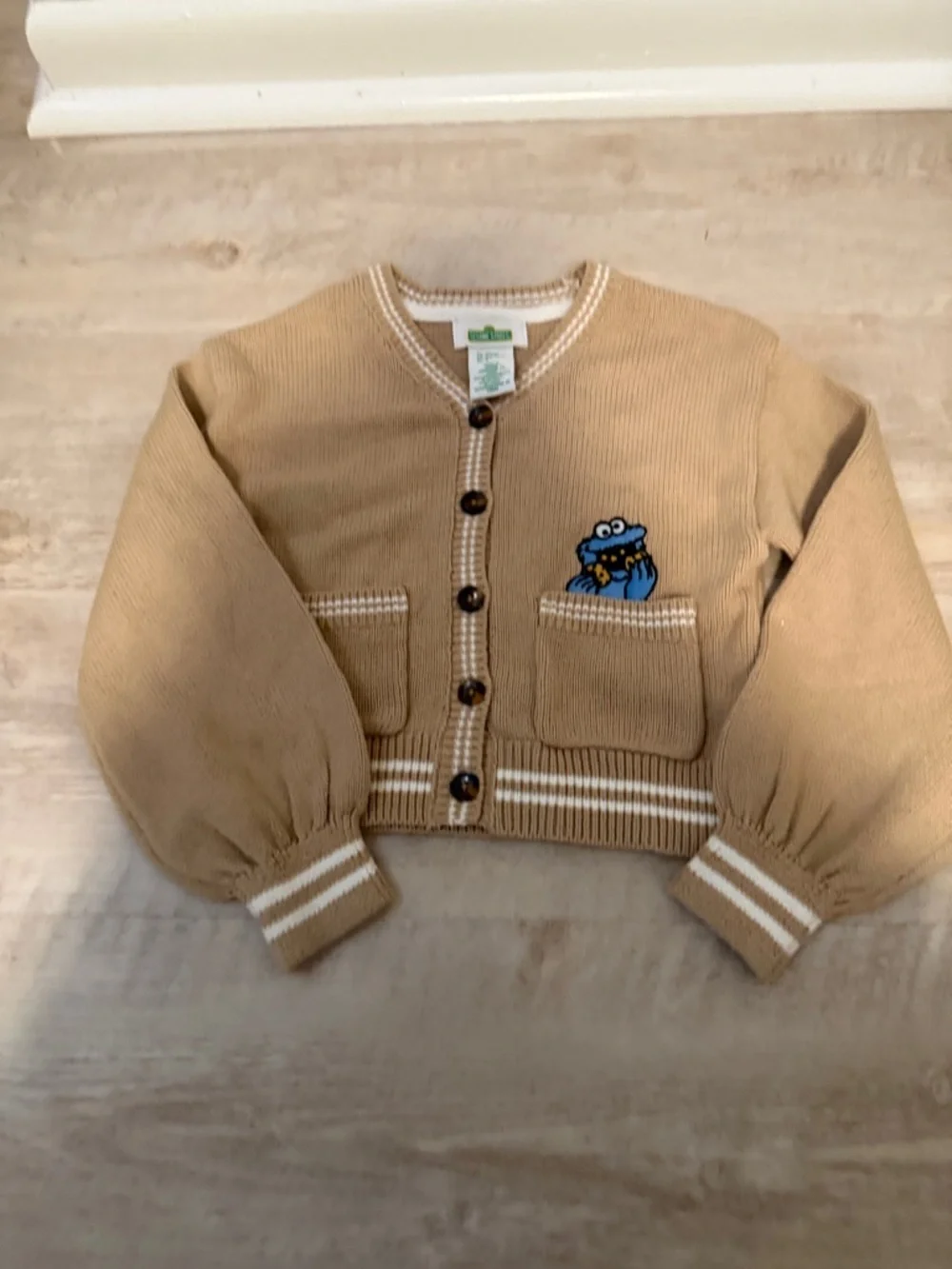 Sesame Street Tan Knit Cardigan and Skirt Set with Blue Cookie Monster Patch